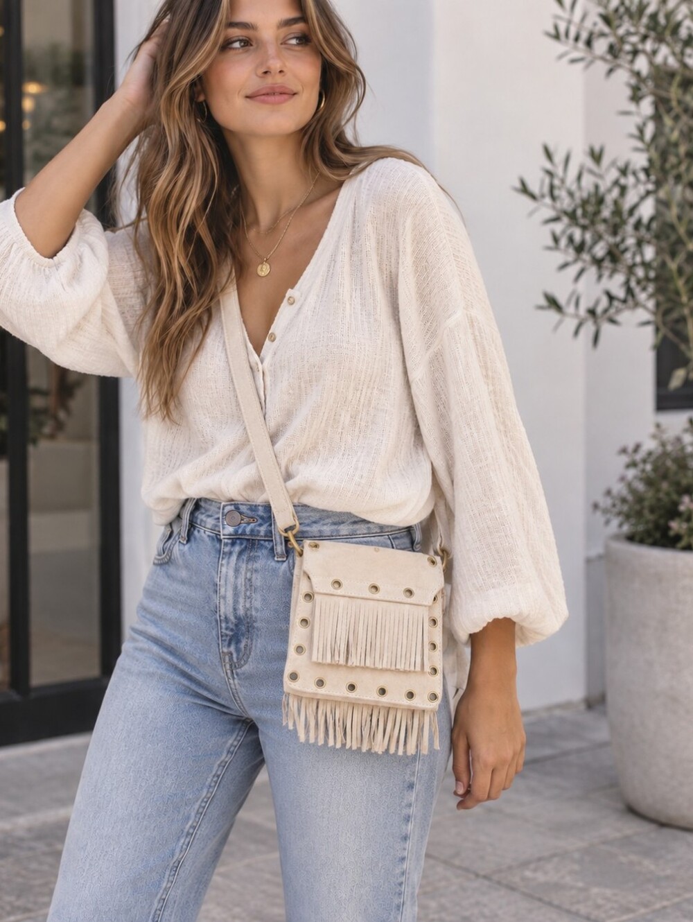 Cream Suede Fringe Mini Crossbody Bag – Boho Western Style
